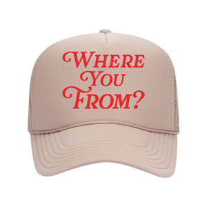 Where You From? Trucker Hat Tan w/ Red